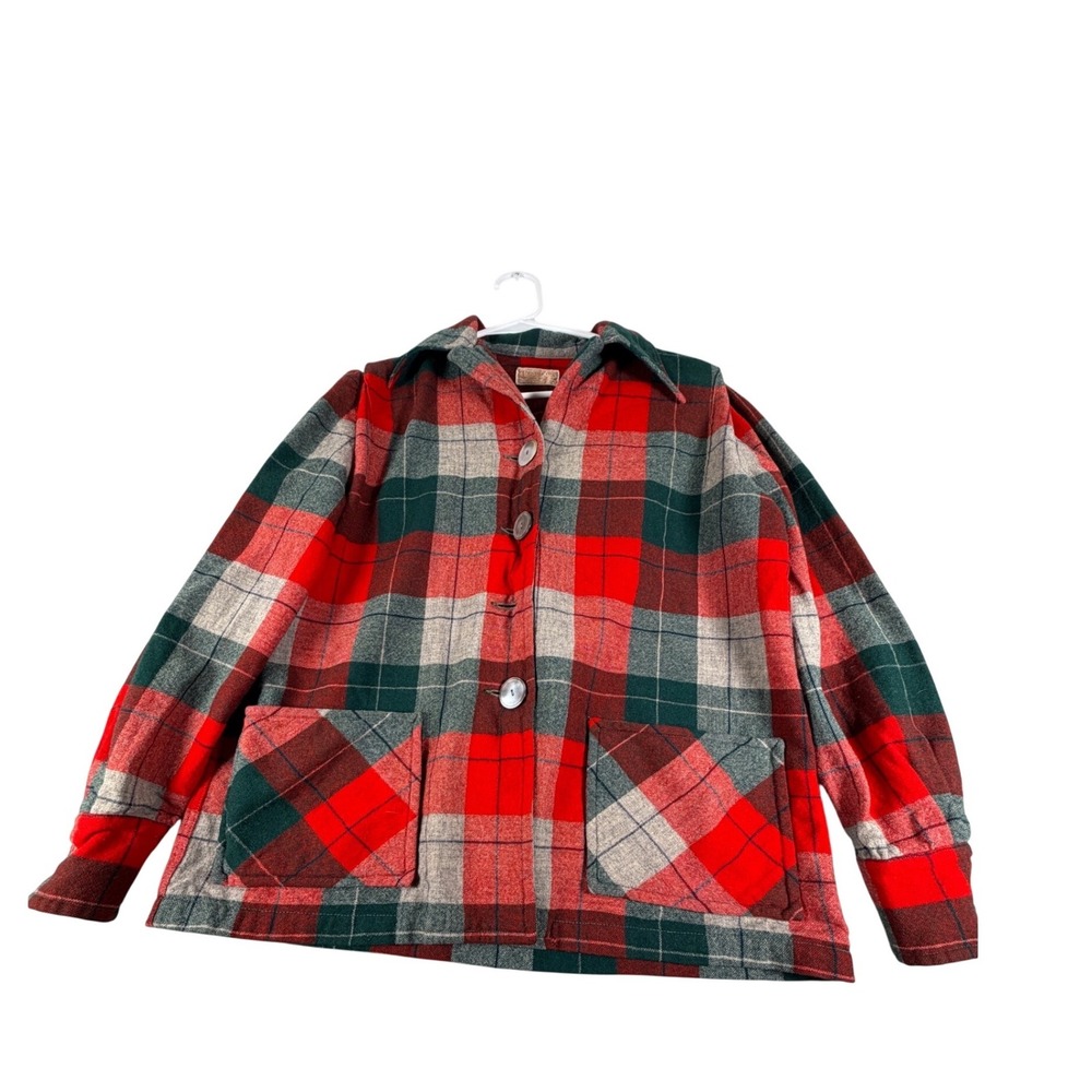 Vintage Pendleton Wool Plaid Jacket Red Green Button Front Pocket Coat 80s